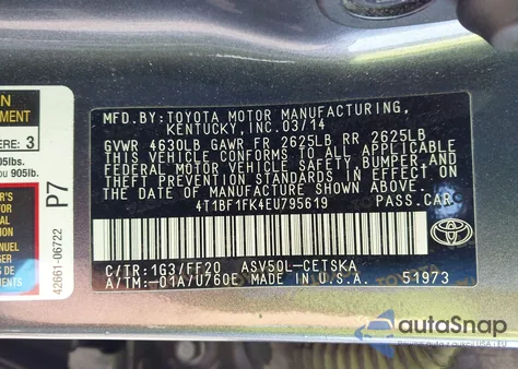 2014 Toyota Camry Se из США, поврежденный, VIN 4T1BF1FK4EU795619